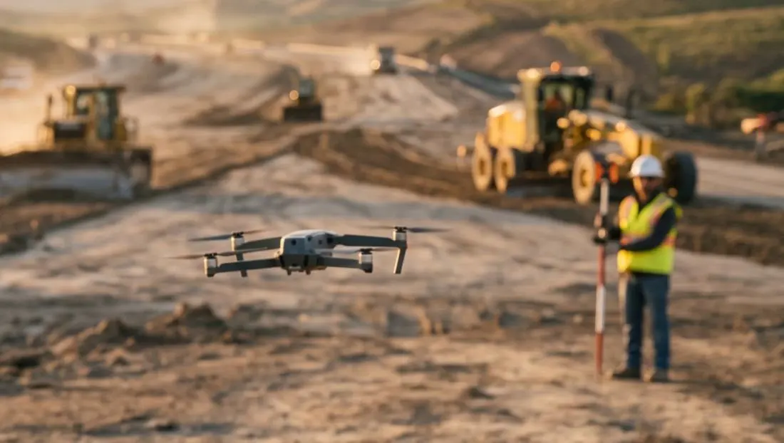 Frente de obra vial con dron de control y motoniveladora