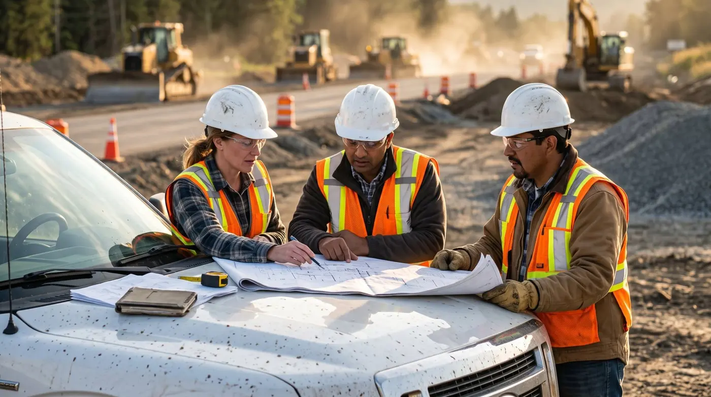 Equipo técnico revisando planos sobre el capó de una camioneta en obra