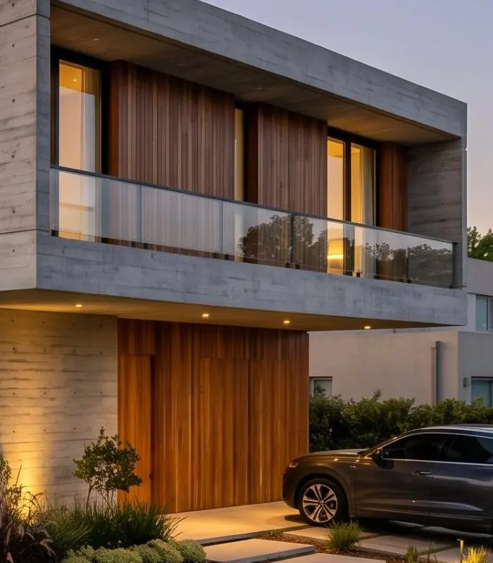 Fachada de vivienda de hormigón visto con revestimiento de madera