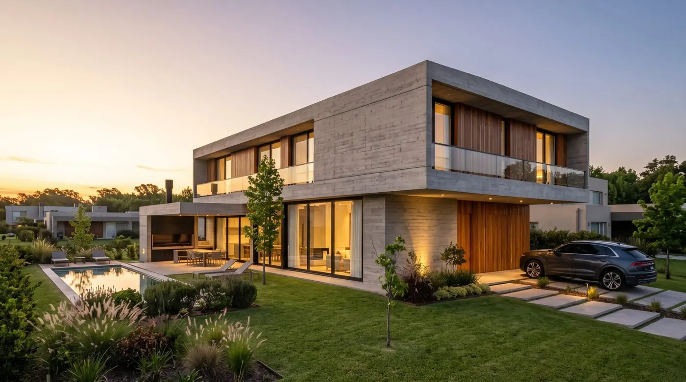 Vivienda de hormigón visto del barrio Las Tipas al atardecer